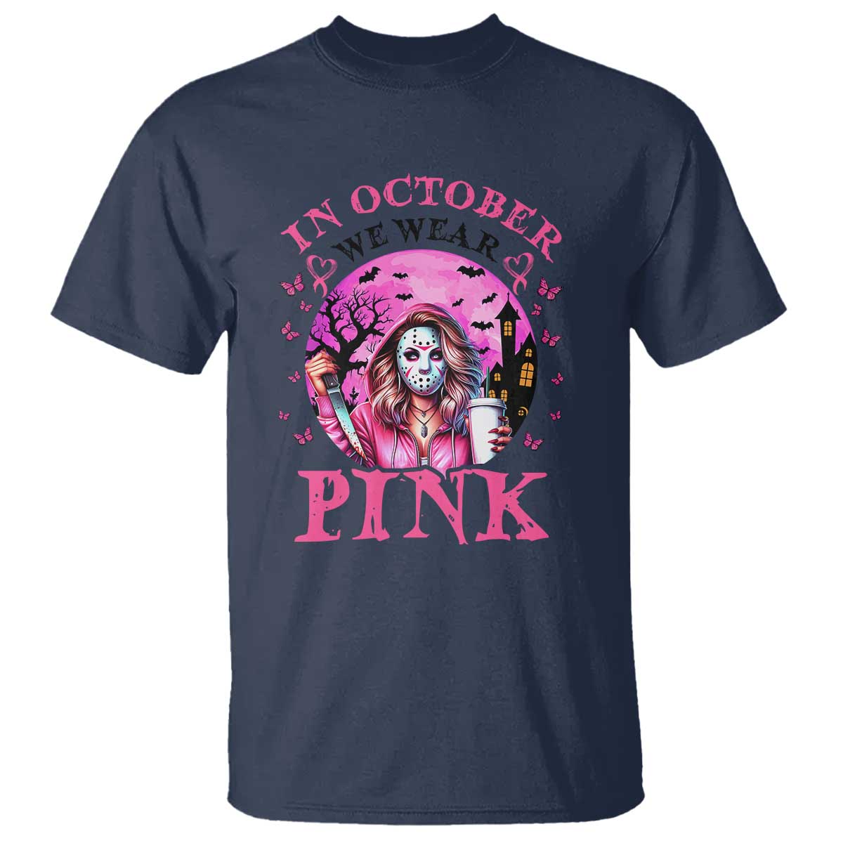 Breast Cancer Awareness T Shirt In October We Wear Pink Halloween Butterfly Bat Murderer - Wonder Print Shop