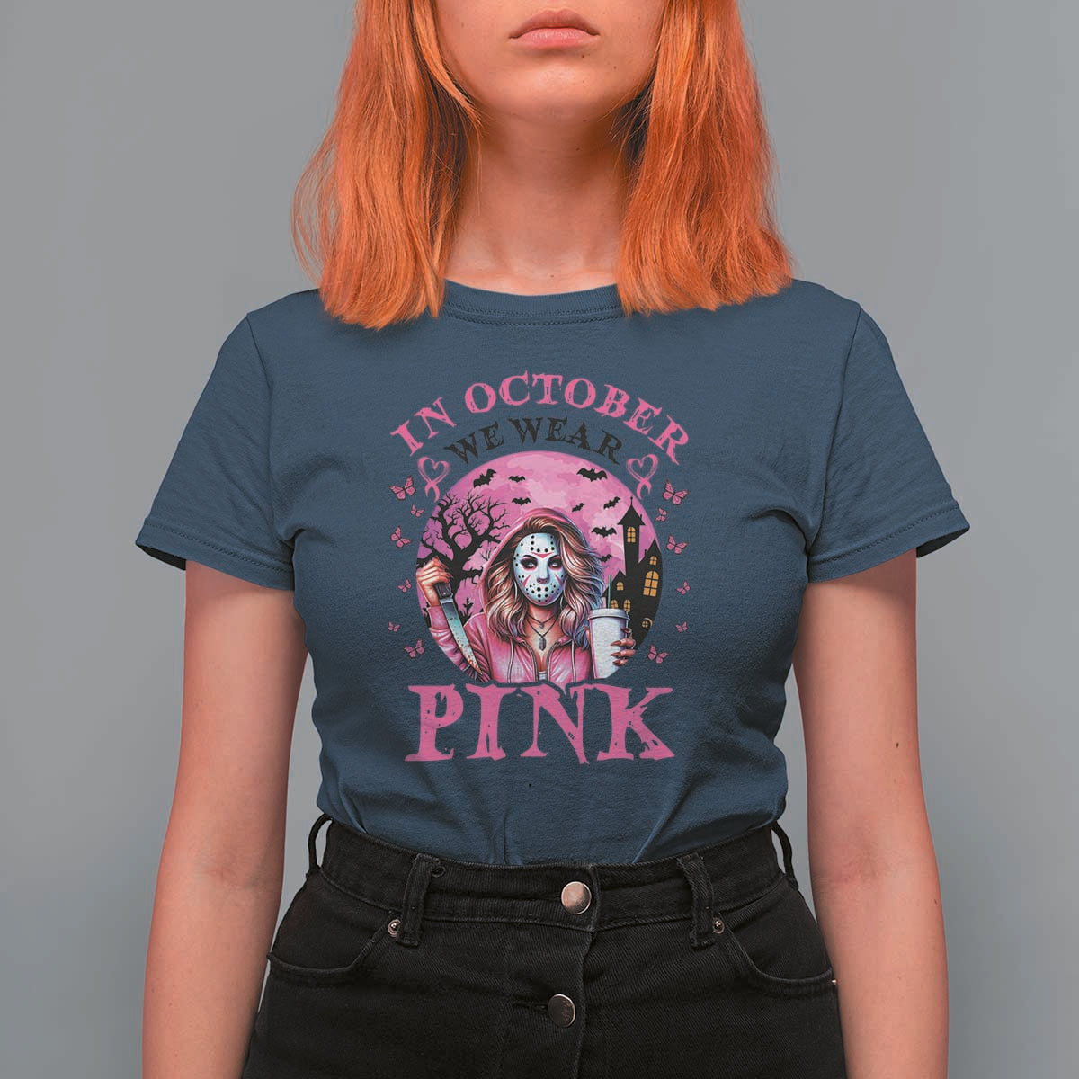 Breast Cancer Awareness T Shirt For Women In October We Wear Pink Halloween Butterfly Bat Murderer - Wonder Print Shop