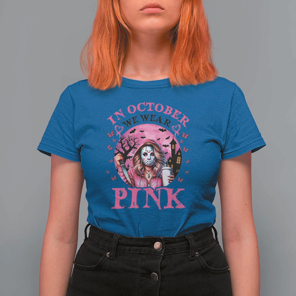 Breast Cancer Awareness T Shirt For Women In October We Wear Pink Halloween Butterfly Bat Murderer - Wonder Print Shop