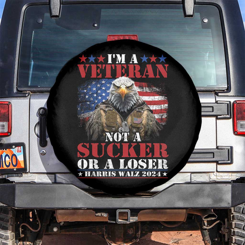 Harris Walz 2024 Spare Tire Cover I'm A Veteran Not A Sucker Or A Loser Eagle American Flag
