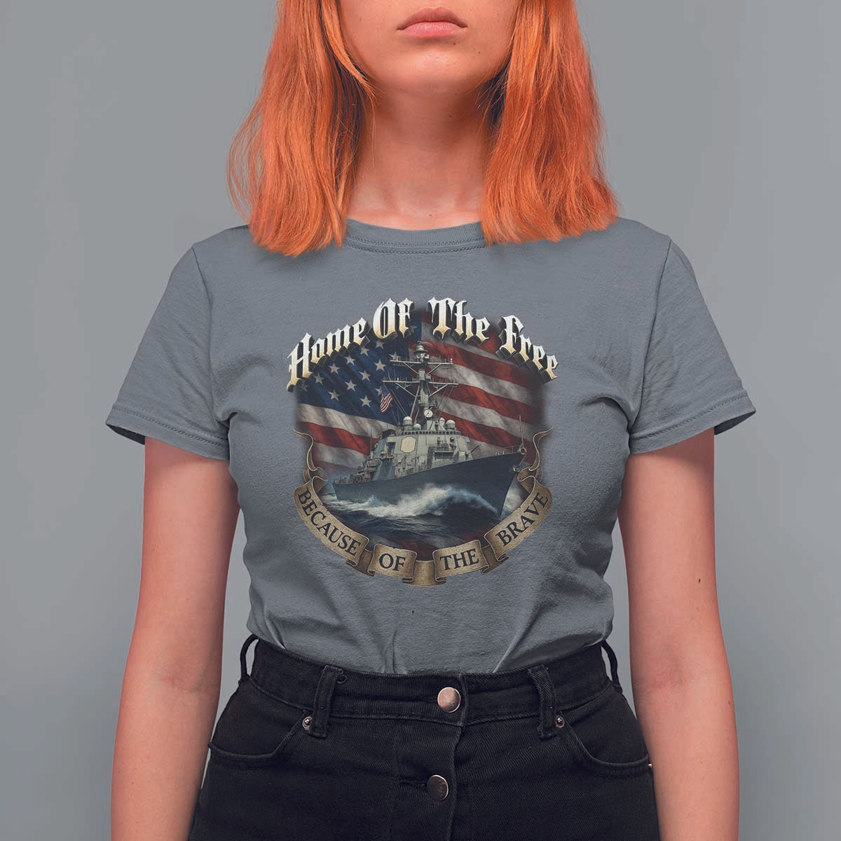 Navy Veteran T Shirt For Women Home Of The Free Because Of The Brave American Flag - Wonder Print Shop