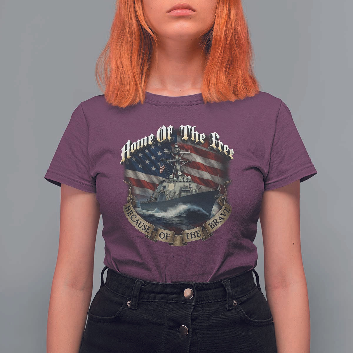Navy Veteran T Shirt For Women Home Of The Free Because Of The Brave American Flag - Wonder Print Shop