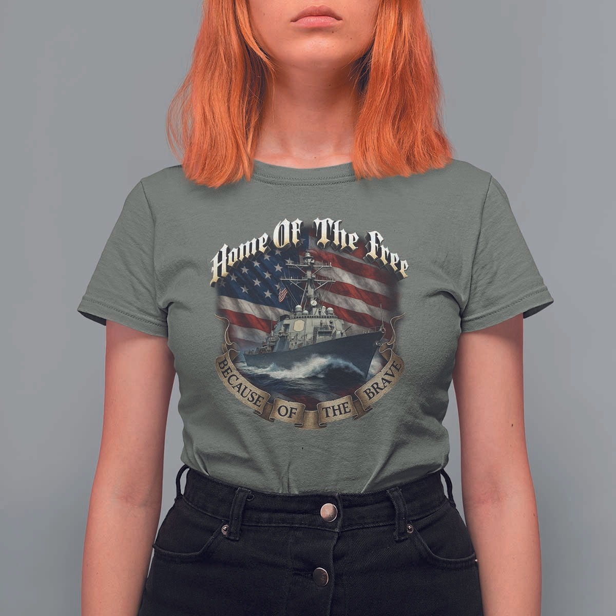 Navy Veteran T Shirt For Women Home Of The Free Because Of The Brave American Flag - Wonder Print Shop