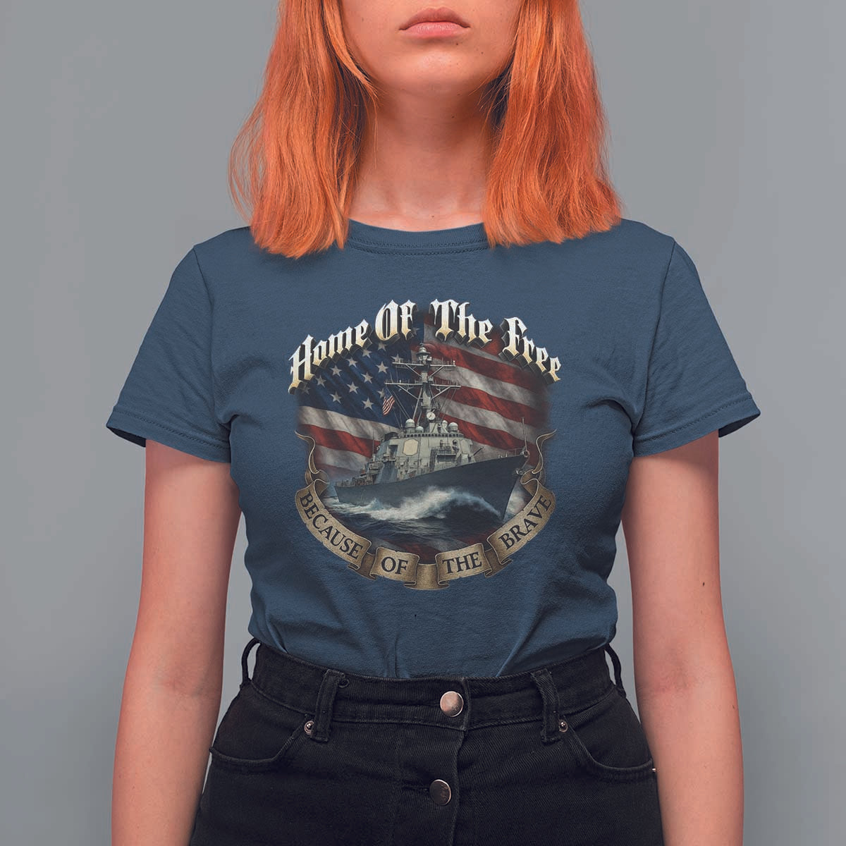 Navy Veteran T Shirt For Women Home Of The Free Because Of The Brave American Flag - Wonder Print Shop