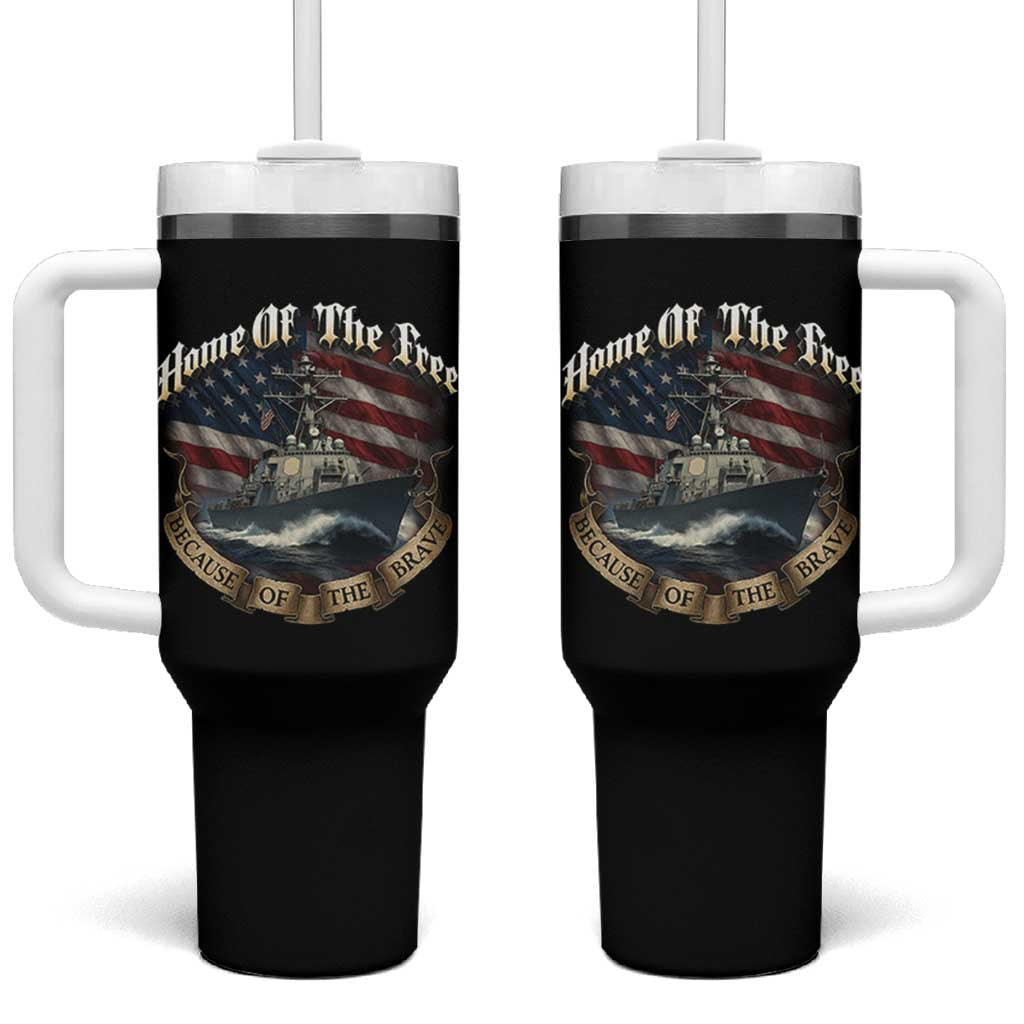 Navy Veteran Tumbler With Handle Home Of The Free Because Of The Brave American Flag - Wonder Print Shop