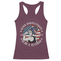 Never Underestimate A Women Who Is Also A Veteran Racerback Tank Top Female Veteran - Wonder Print Shop