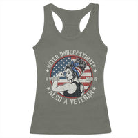 Never Underestimate A Women Who Is Also A Veteran Racerback Tank Top Female Veteran - Wonder Print Shop