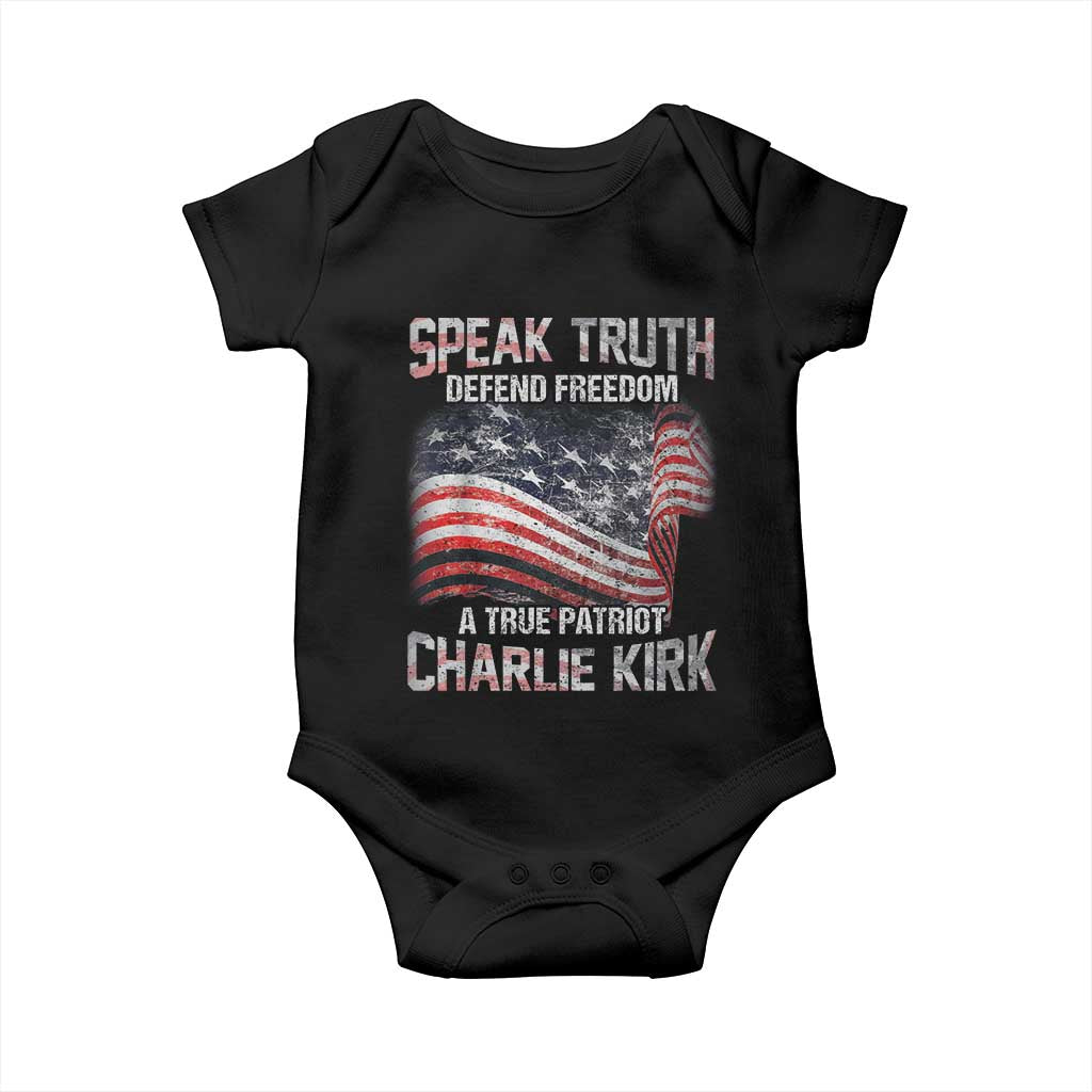 Speak Truth Defend Freedom A True Patriot Charlie Kirk Baby Onesie Vintage American Flag - Wonder Print Shop