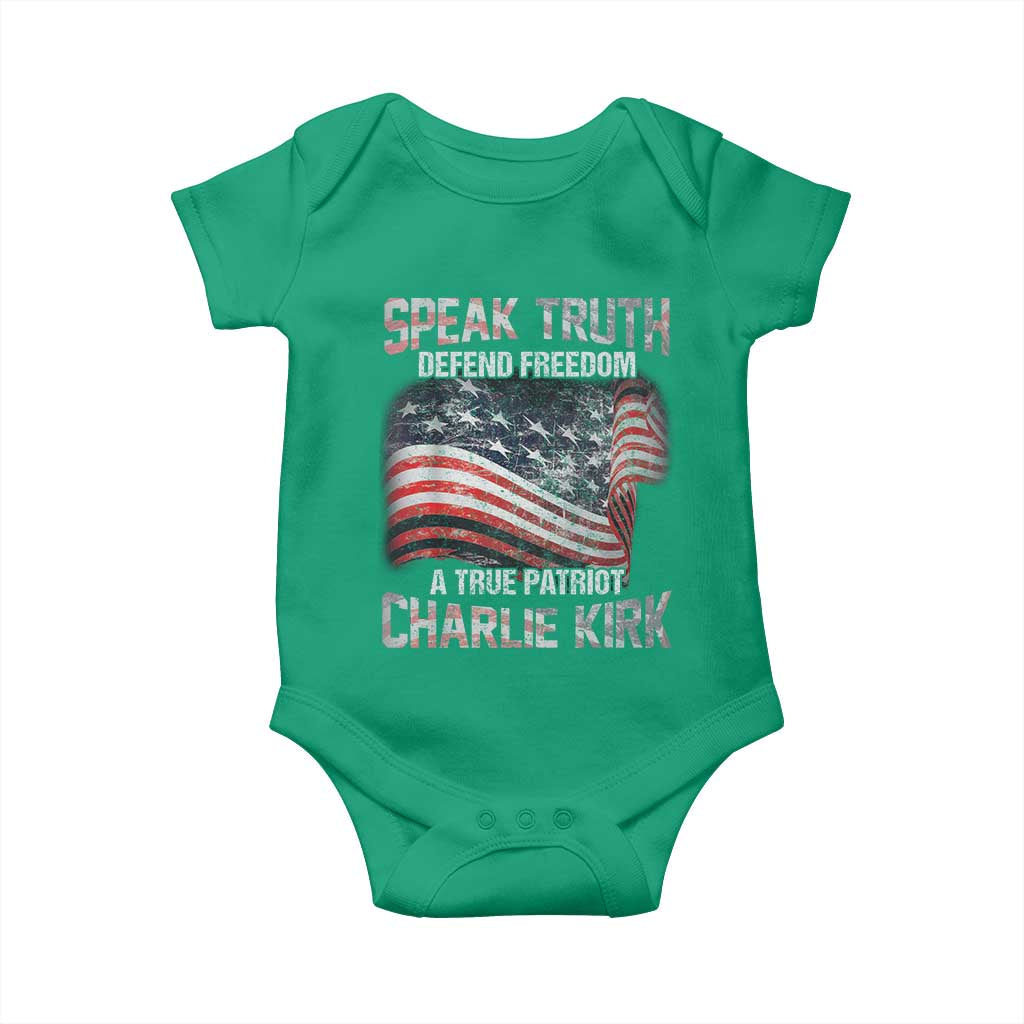Speak Truth Defend Freedom A True Patriot Charlie Kirk Baby Onesie Vintage American Flag - Wonder Print Shop