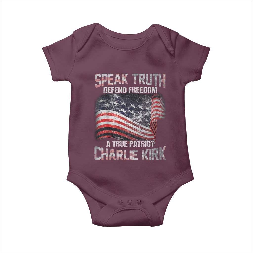 Speak Truth Defend Freedom A True Patriot Charlie Kirk Baby Onesie Vintage American Flag - Wonder Print Shop