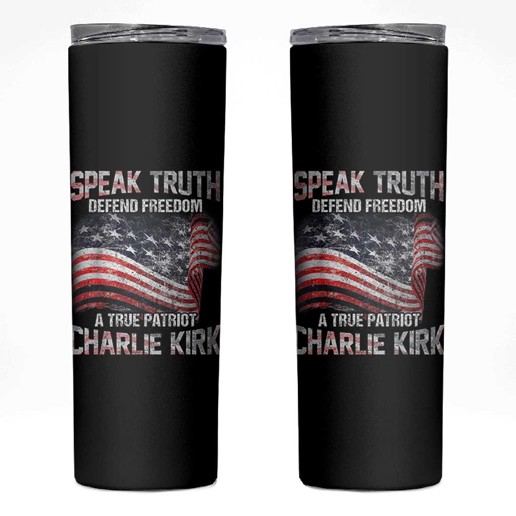 Speak Truth Defend Freedom A True Patriot Charlie Kirk Skinny Tumbler Vintage American Flag - Wonder Print Shop