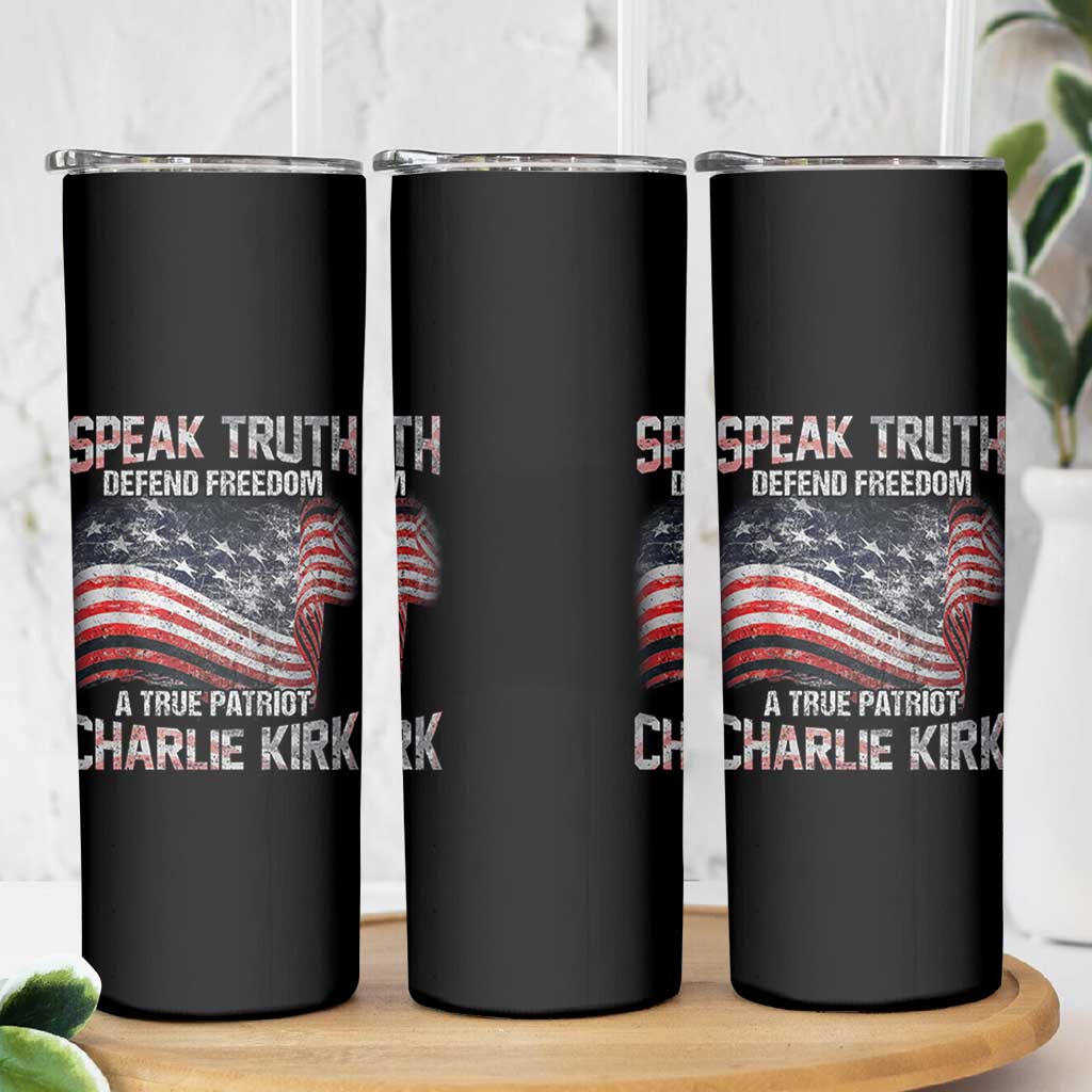 Speak Truth Defend Freedom A True Patriot Charlie Kirk Skinny Tumbler Vintage American Flag - Wonder Print Shop
