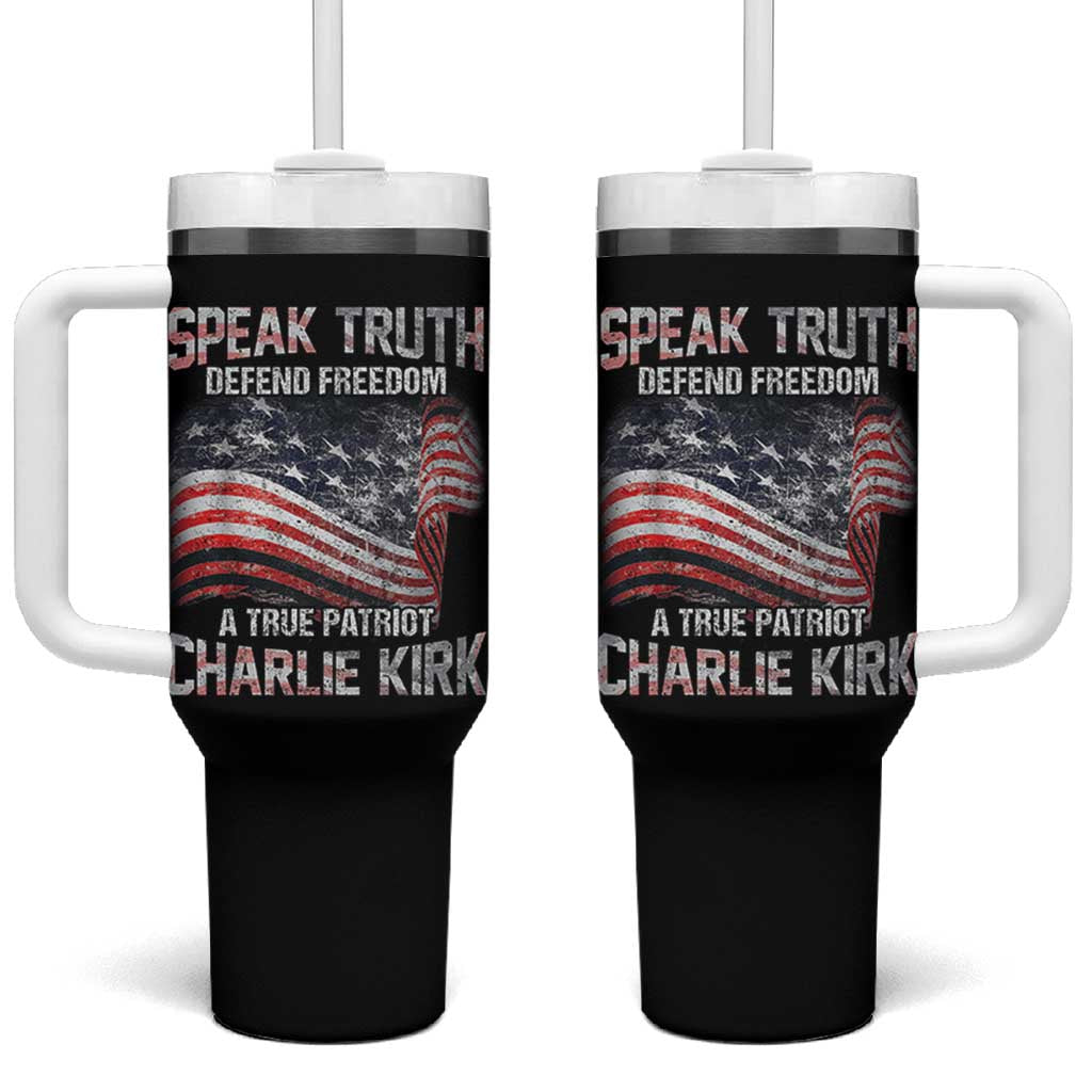 Speak Truth Defend Freedom A True Patriot Charlie Kirk Tumbler With Handle Vintage American Flag - Wonder Print Shop