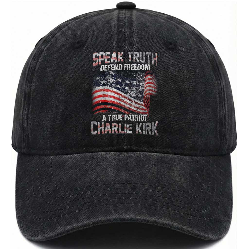 Speak Truth Defend Freedom A True Patriot Charlie Kirk Washed Cotton Baseball Cap Vintage American Flag
