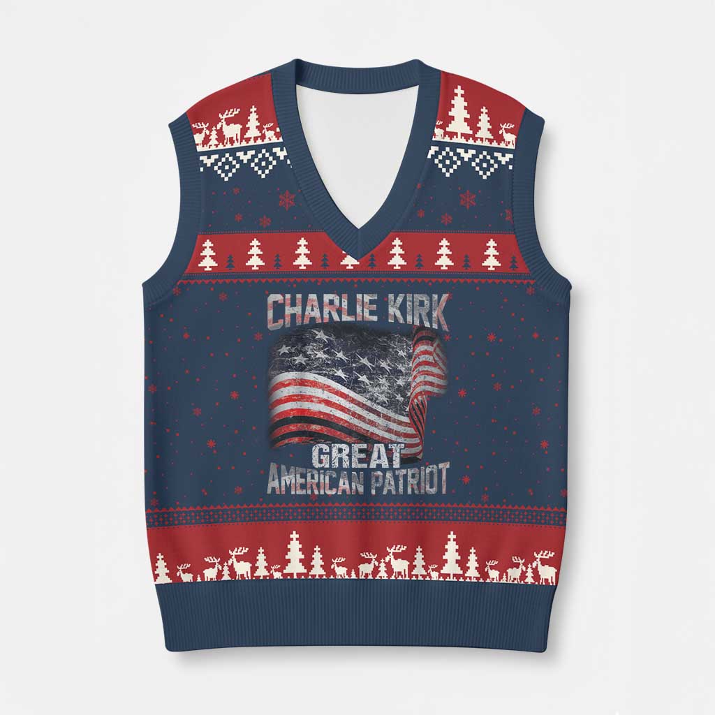 Charlie Kirk V-Neck Knit Sweater Vest Great American Patriot American Flag - Wonder Print Shop