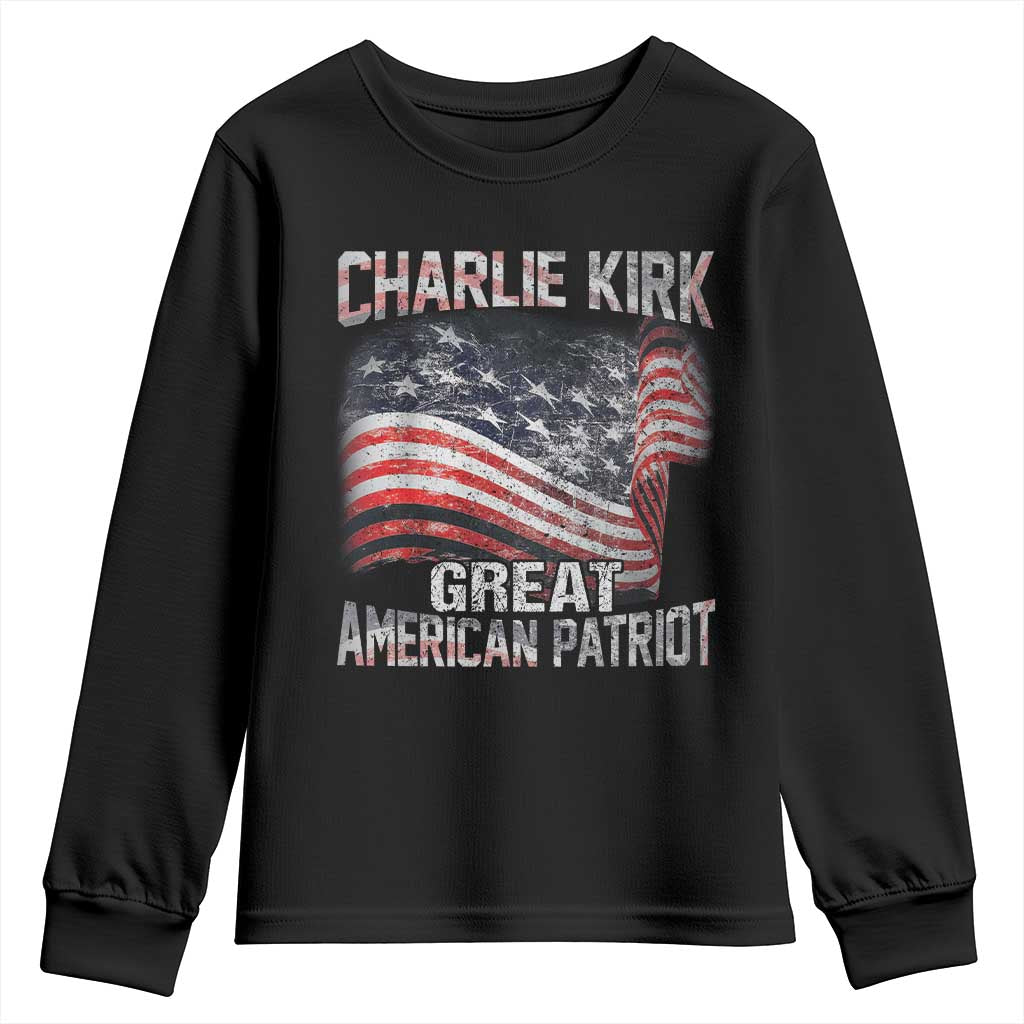 Charlie Kirk Youth Sweatshirt Great American Patriot American Flag - Wonder Print Shop