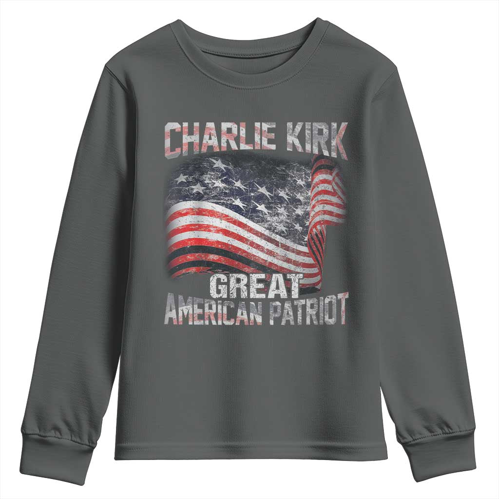 Charlie Kirk Youth Sweatshirt Great American Patriot American Flag - Wonder Print Shop