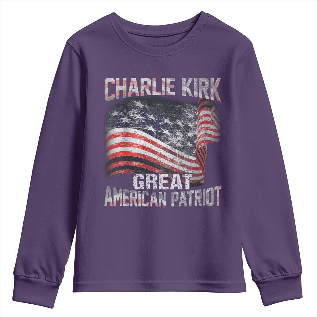 Charlie Kirk Youth Sweatshirt Great American Patriot American Flag - Wonder Print Shop