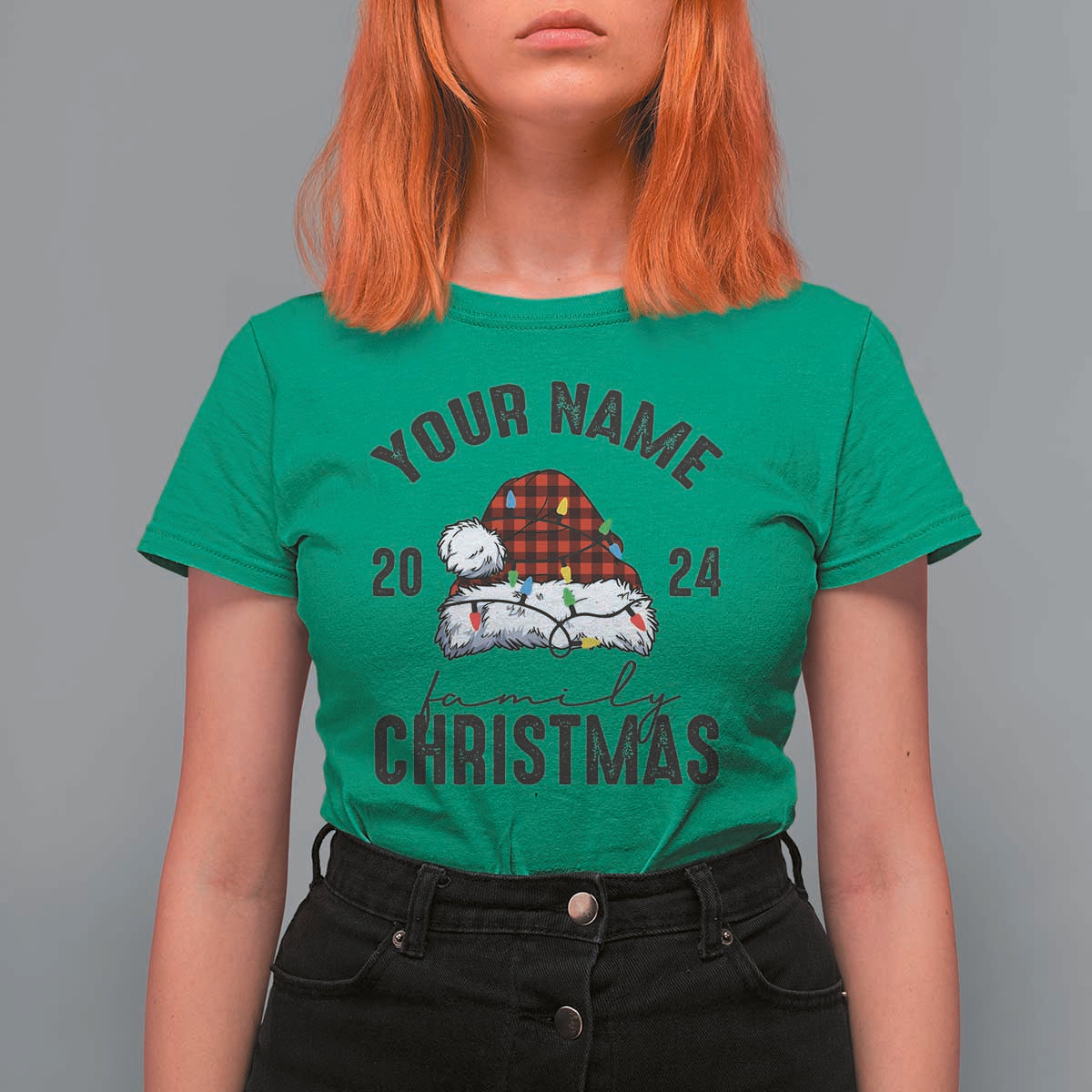 Personalized Christmas Family T Shirt For Women Custom Name Family Christmas 2024 Santa Hat - Wonder Print Shop
