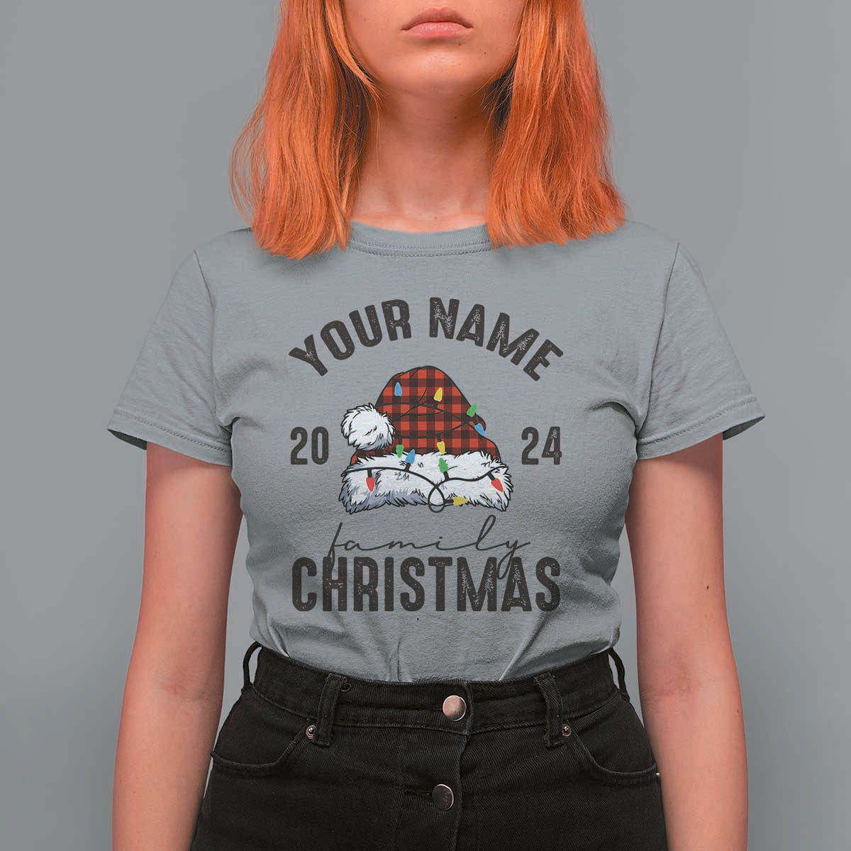 Personalized Christmas Family T Shirt For Women Custom Name Family Christmas 2024 Santa Hat - Wonder Print Shop