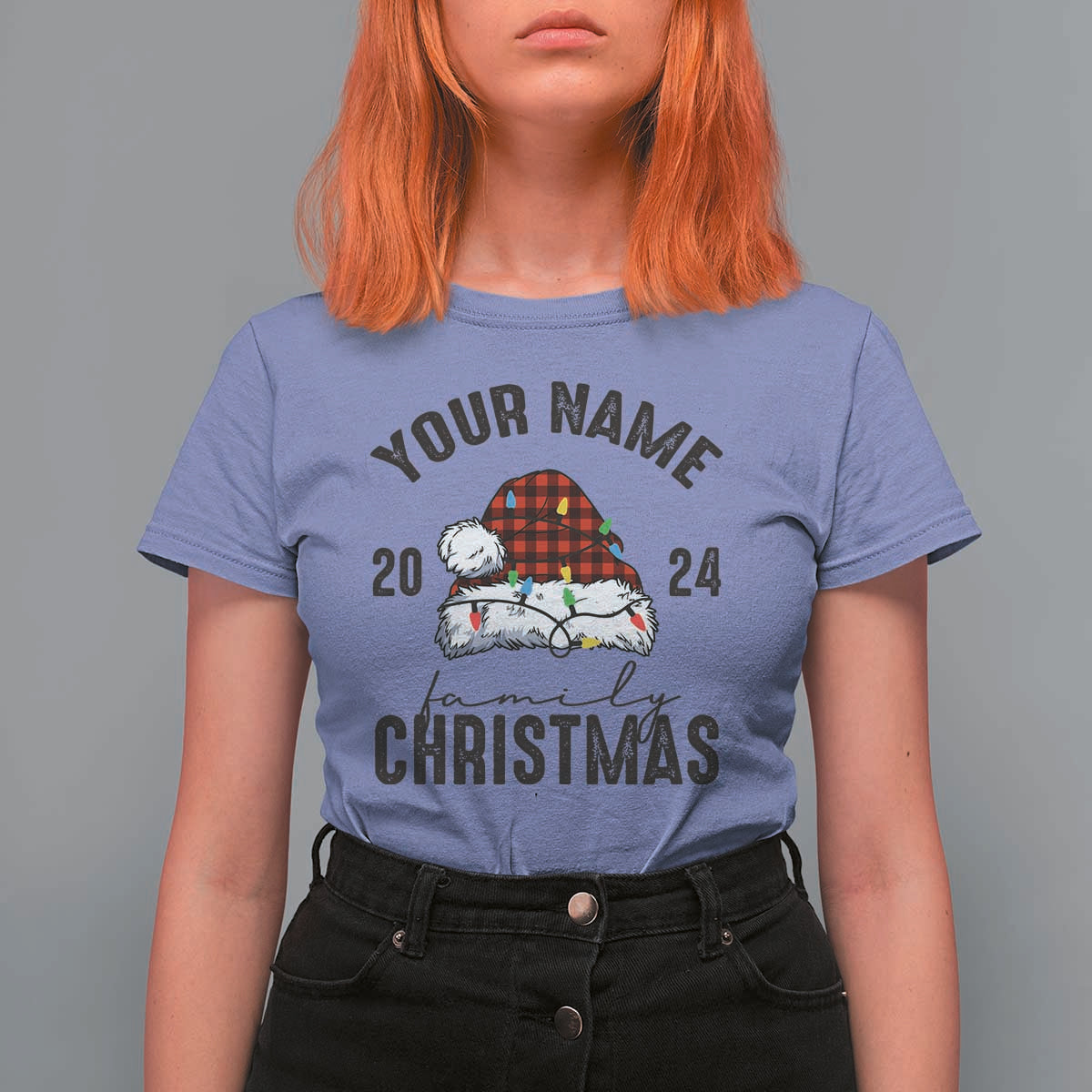 Personalized Christmas Family T Shirt For Women Custom Name Family Christmas 2024 Santa Hat - Wonder Print Shop