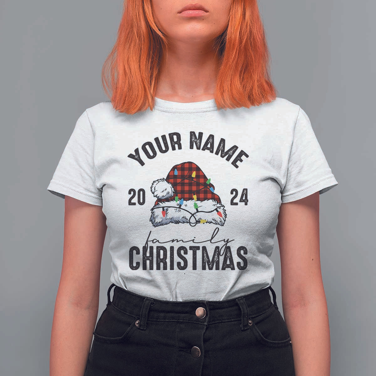Personalized Christmas Family T Shirt For Women Custom Name Family Christmas 2024 Santa Hat - Wonder Print Shop