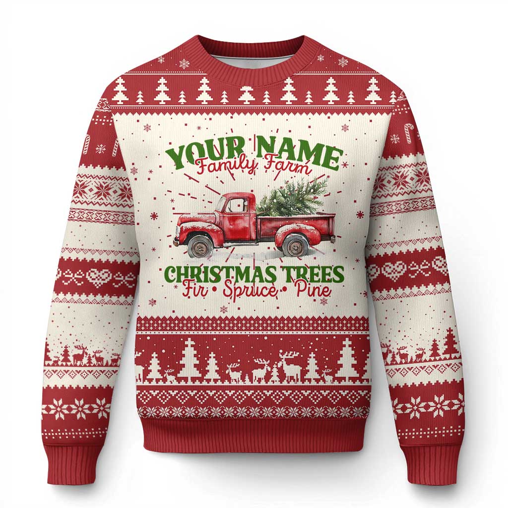 Xmas Family Ugly Christmas Sweater Custom Name Family Farm Xmas Trees Vintage Truck - Wonder Print Shop