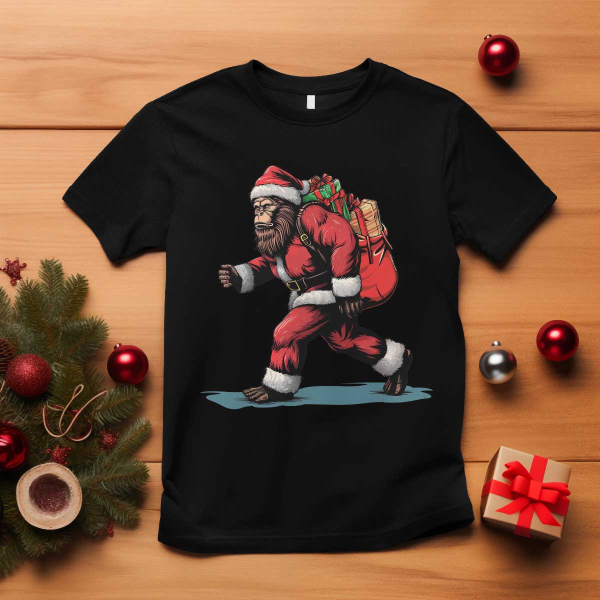 Funny Christmas Santa Bigfoot T Shirt Xmas Sasquatch - Wonder Print Shop