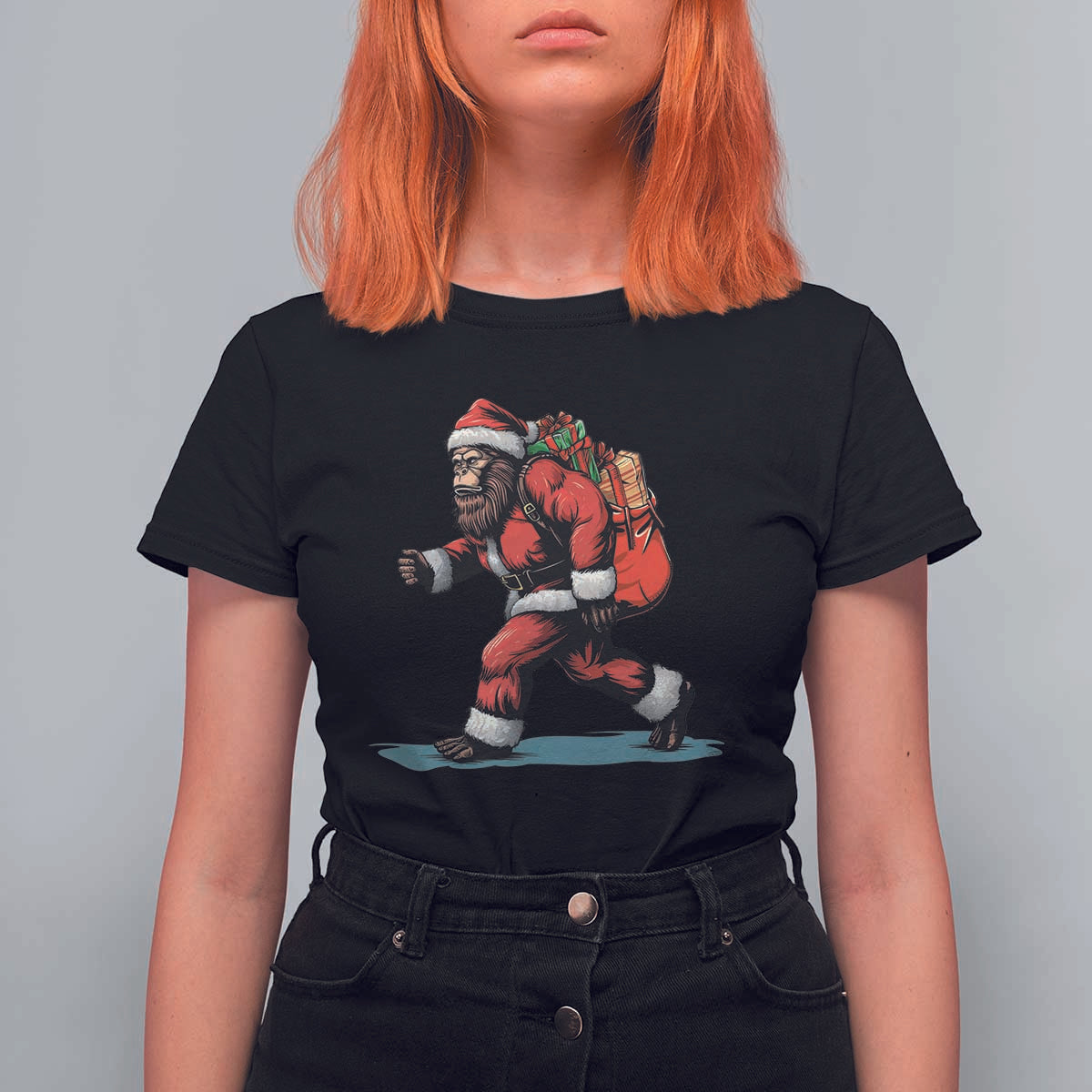 Funny Christmas Santa Bigfoot T Shirt For Women Xmas Sasquatch - Wonder Print Shop