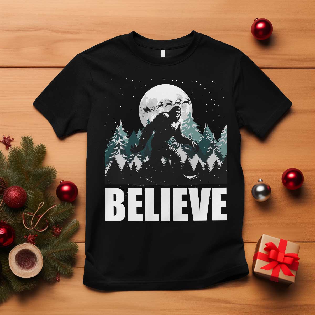 Funny Christmas Bigfoot T Shirt Believe Santa Sasquatch Snow - Wonder Print Shop