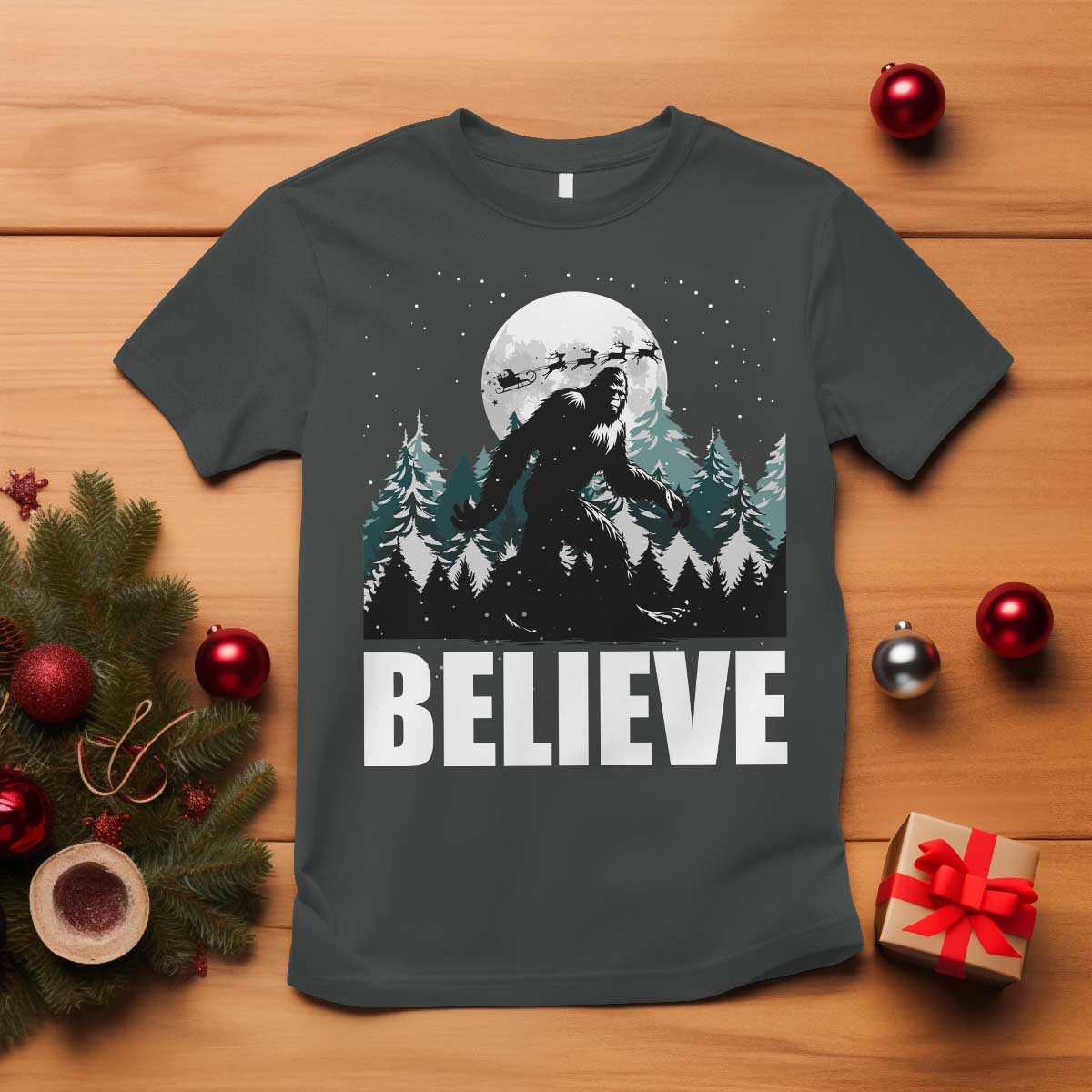 Funny Christmas Bigfoot T Shirt Believe Santa Sasquatch Snow - Wonder Print Shop