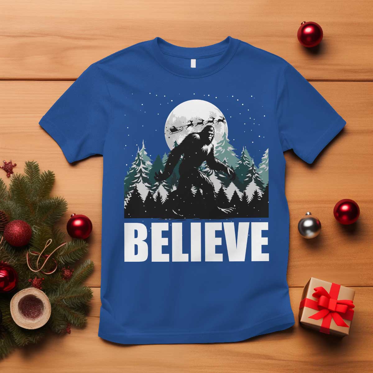 Funny Christmas Bigfoot T Shirt Believe Santa Sasquatch Snow - Wonder Print Shop