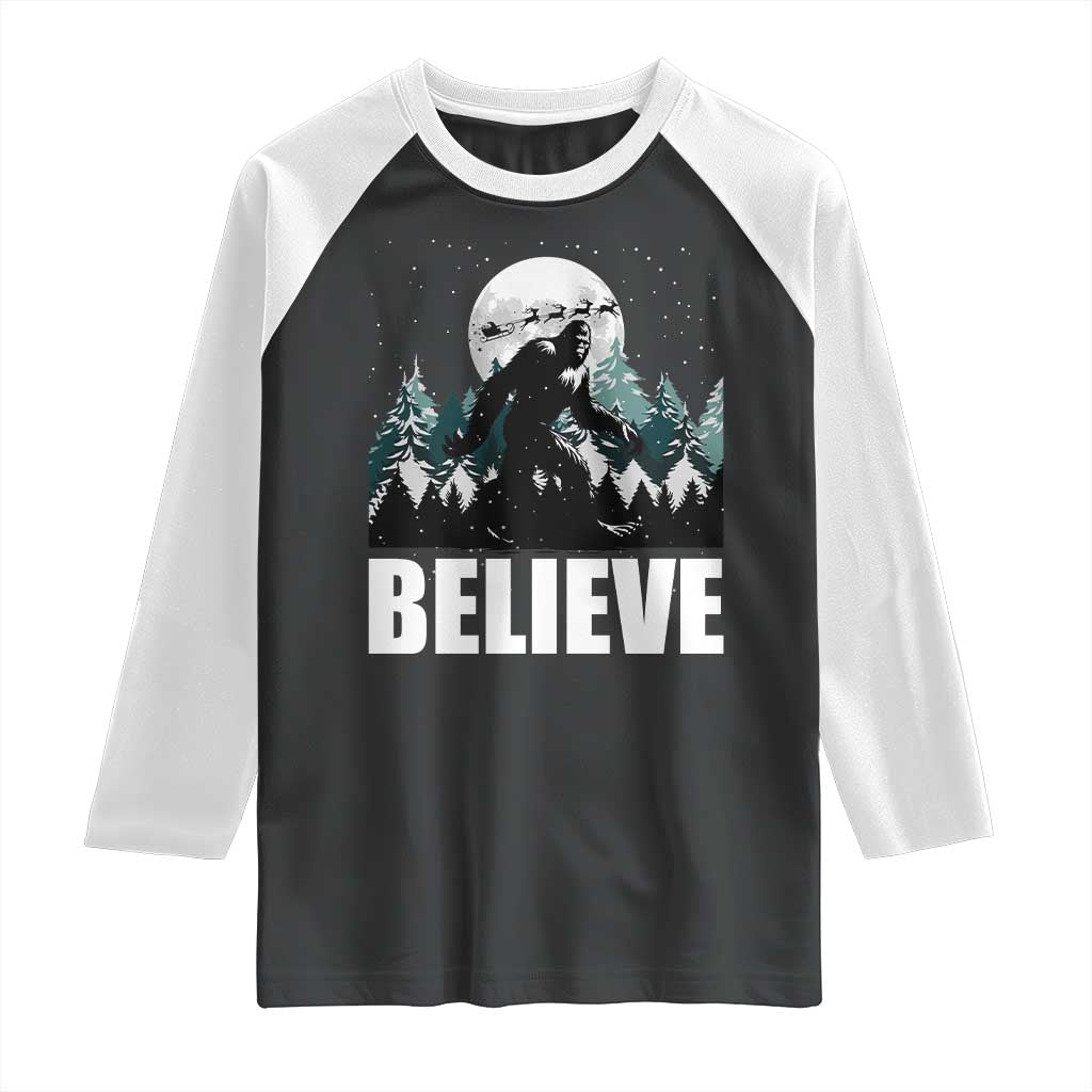 Funny Christmas Bigfoot Raglan Shirt Believe Santa Sasquatch Snow - Wonder Print Shop