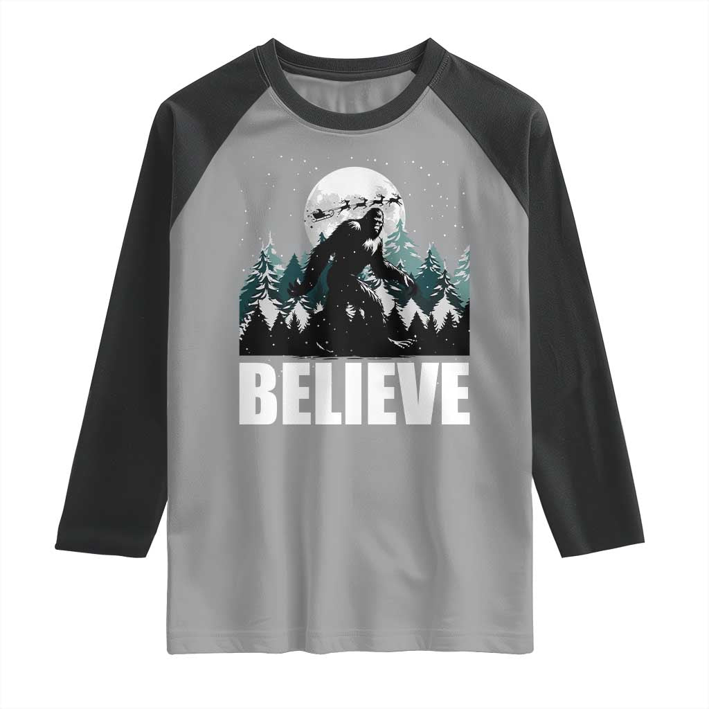 Funny Christmas Bigfoot Raglan Shirt Believe Santa Sasquatch Snow - Wonder Print Shop