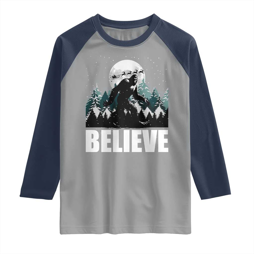 Funny Christmas Bigfoot Raglan Shirt Believe Santa Sasquatch Snow - Wonder Print Shop