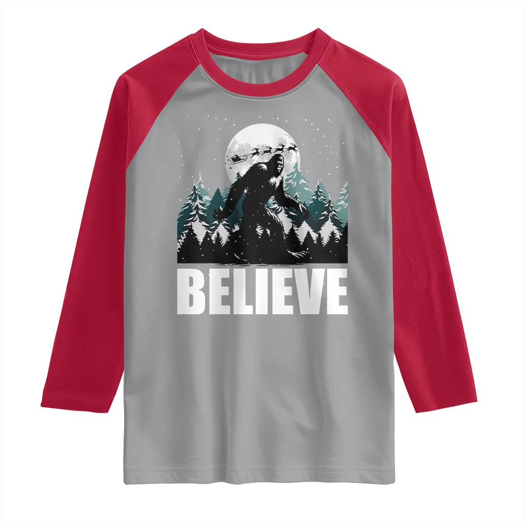 Funny Christmas Bigfoot Raglan Shirt Believe Santa Sasquatch Snow - Wonder Print Shop