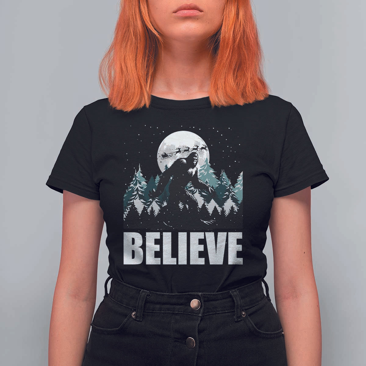 Funny Christmas Bigfoot T Shirt For Women Believe Santa Sasquatch Snow - Wonder Print Shop
