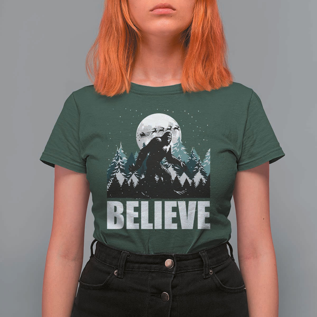 Funny Christmas Bigfoot T Shirt For Women Believe Santa Sasquatch Snow - Wonder Print Shop