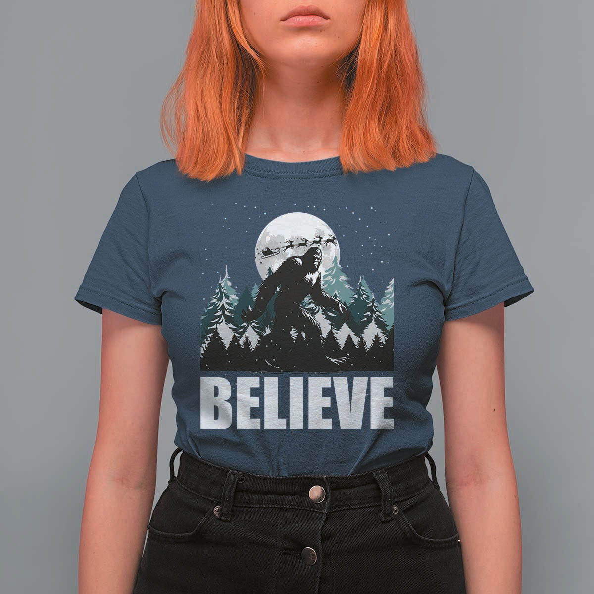 Funny Christmas Bigfoot T Shirt For Women Believe Santa Sasquatch Snow - Wonder Print Shop