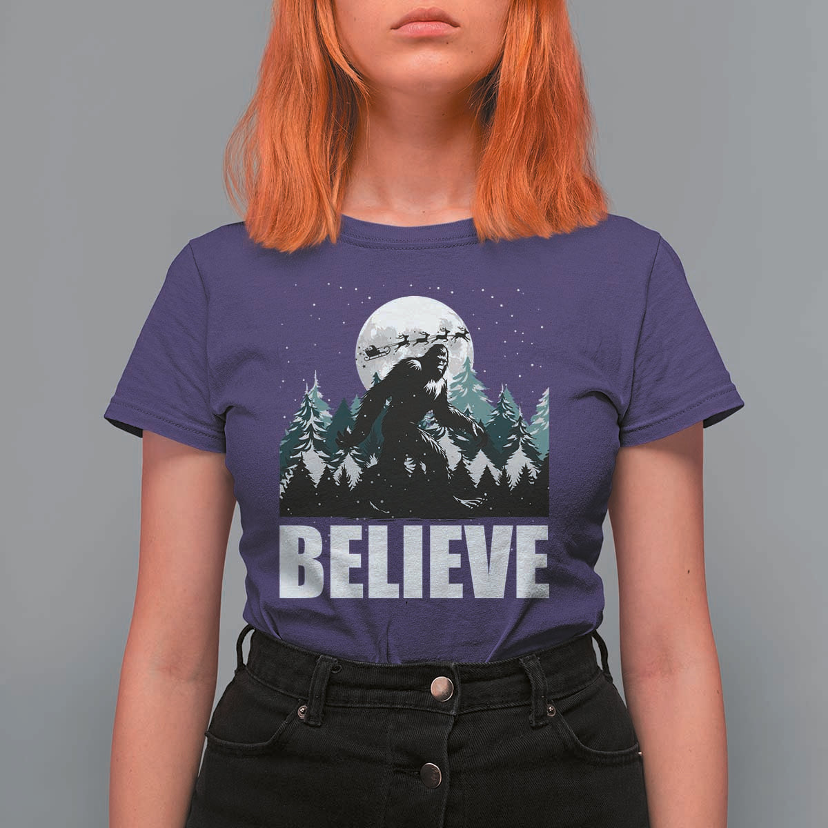 Funny Christmas Bigfoot T Shirt For Women Believe Santa Sasquatch Snow - Wonder Print Shop