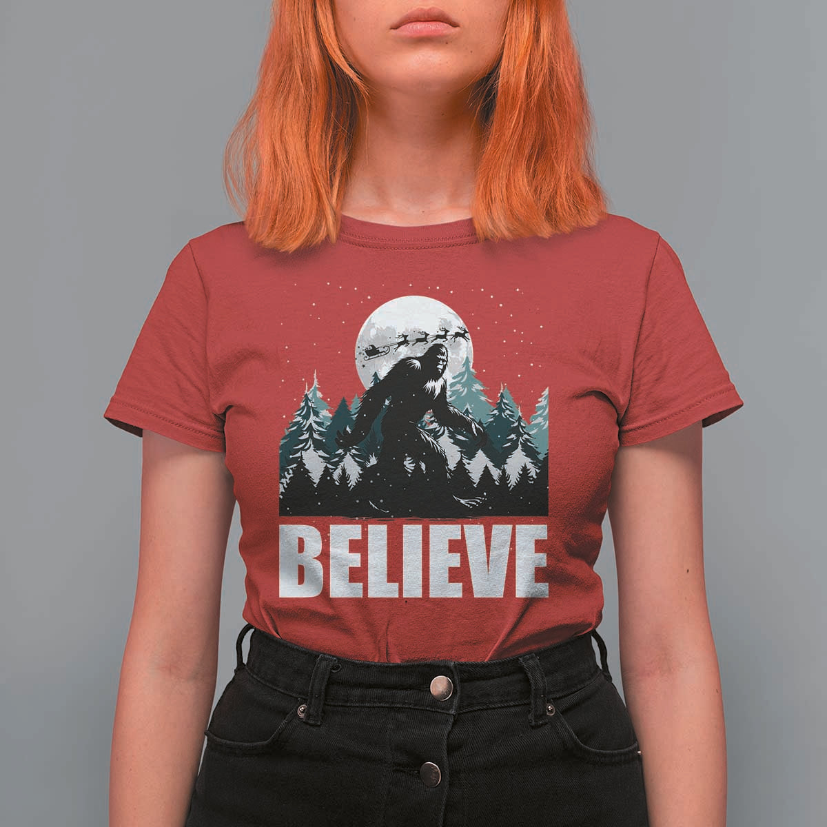 Funny Christmas Bigfoot T Shirt For Women Believe Santa Sasquatch Snow - Wonder Print Shop