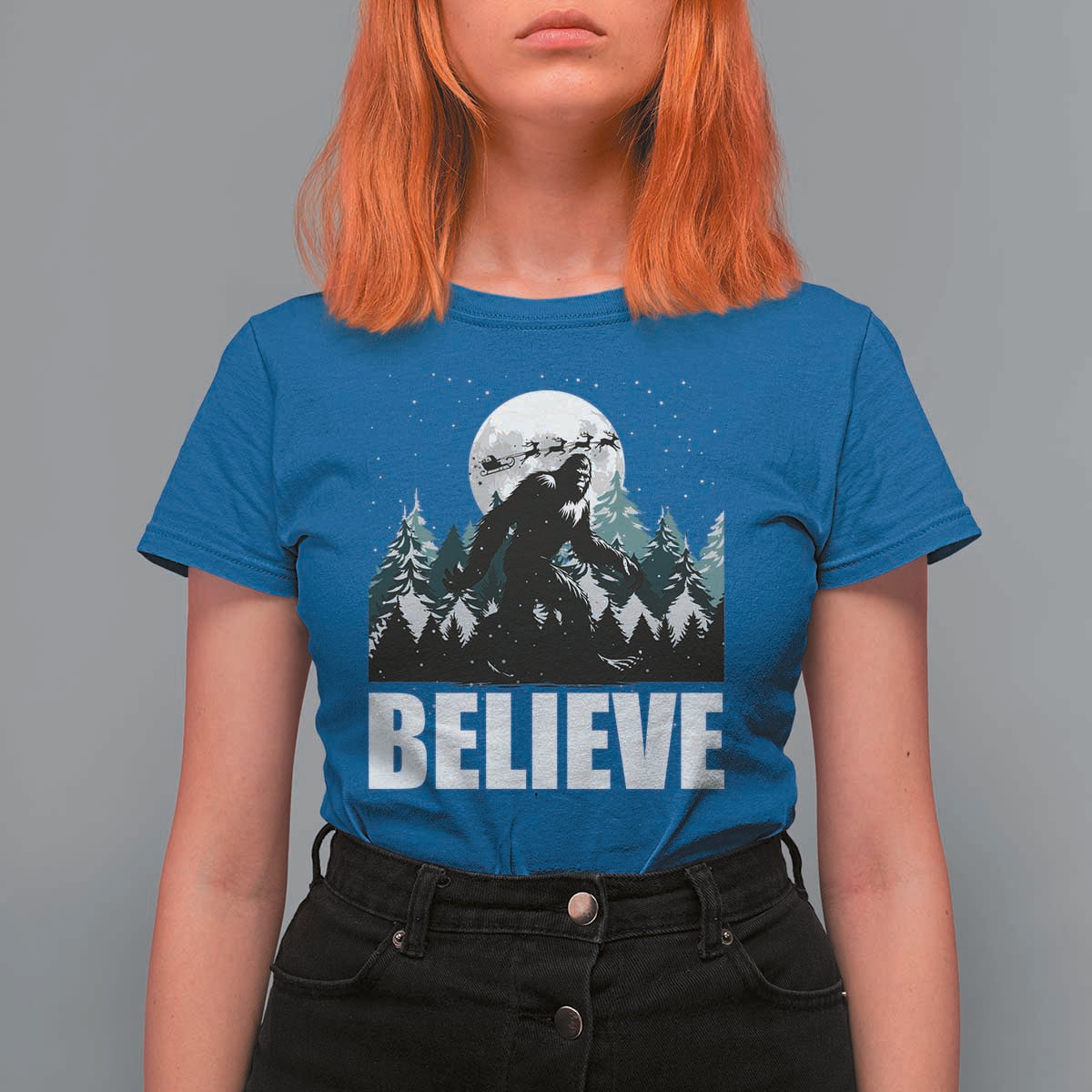 Funny Christmas Bigfoot T Shirt For Women Believe Santa Sasquatch Snow - Wonder Print Shop