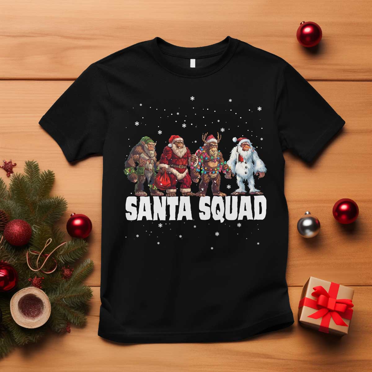 Funny Christmas Bigfoot T Shirt Santa Squad Sasquatch Cosplay Elf Santa Snowman - Wonder Print Shop