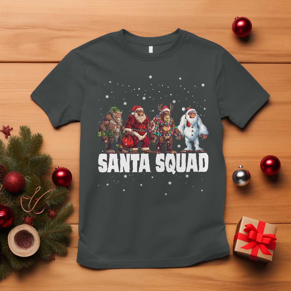 Funny Christmas Bigfoot T Shirt Santa Squad Sasquatch Cosplay Elf Santa Snowman - Wonder Print Shop