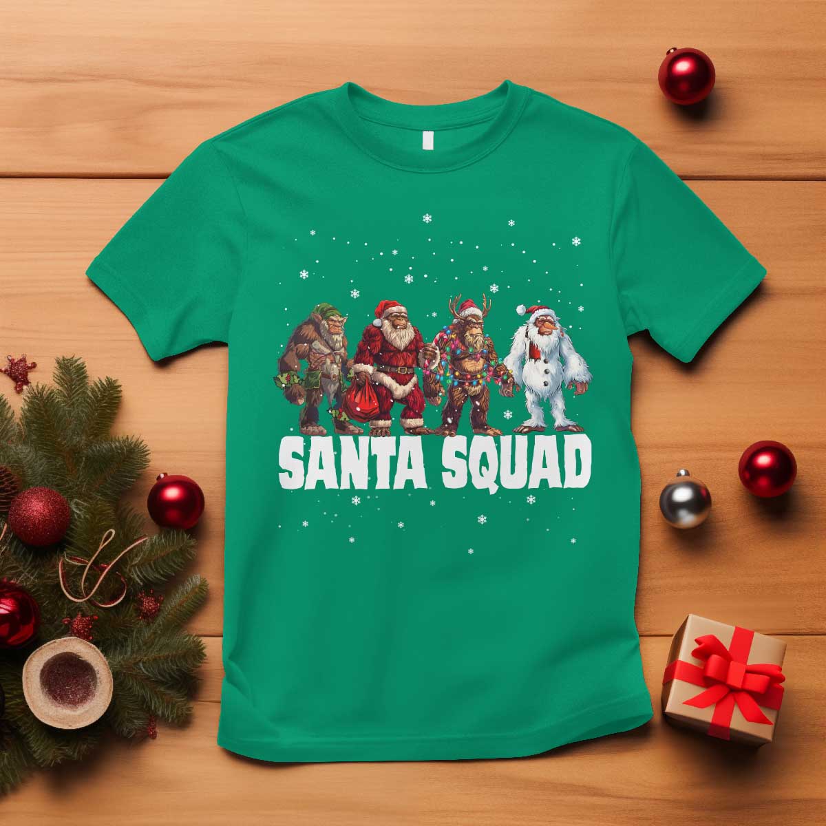 Funny Christmas Bigfoot T Shirt Santa Squad Sasquatch Cosplay Elf Santa Snowman - Wonder Print Shop