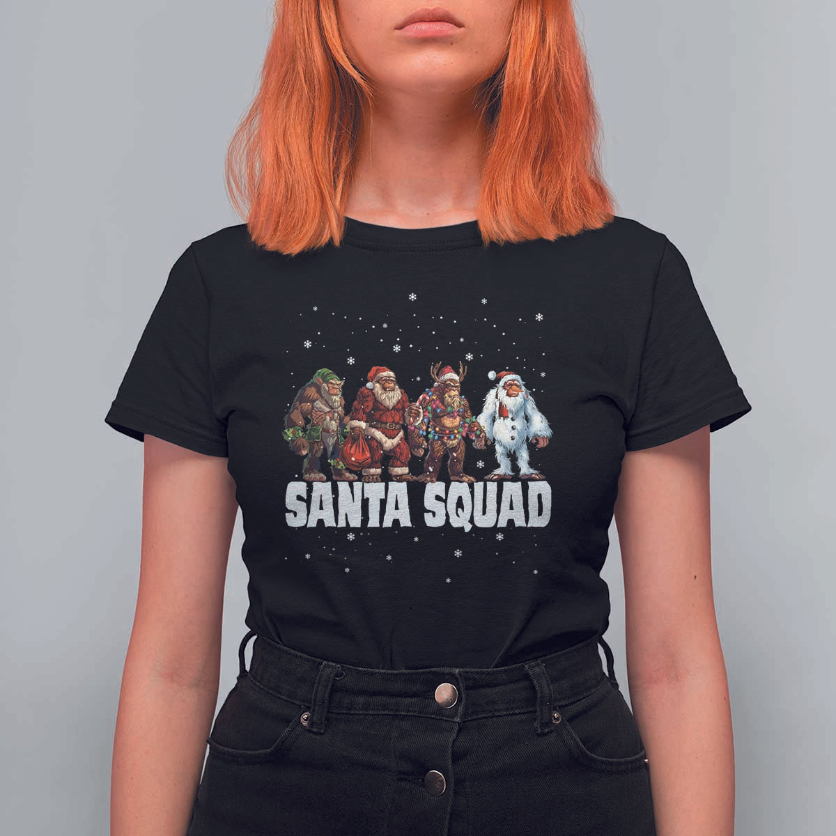 Funny Christmas Bigfoot T Shirt For Women Santa Squad Sasquatch Cosplay Elf Santa Snowman - Wonder Print Shop