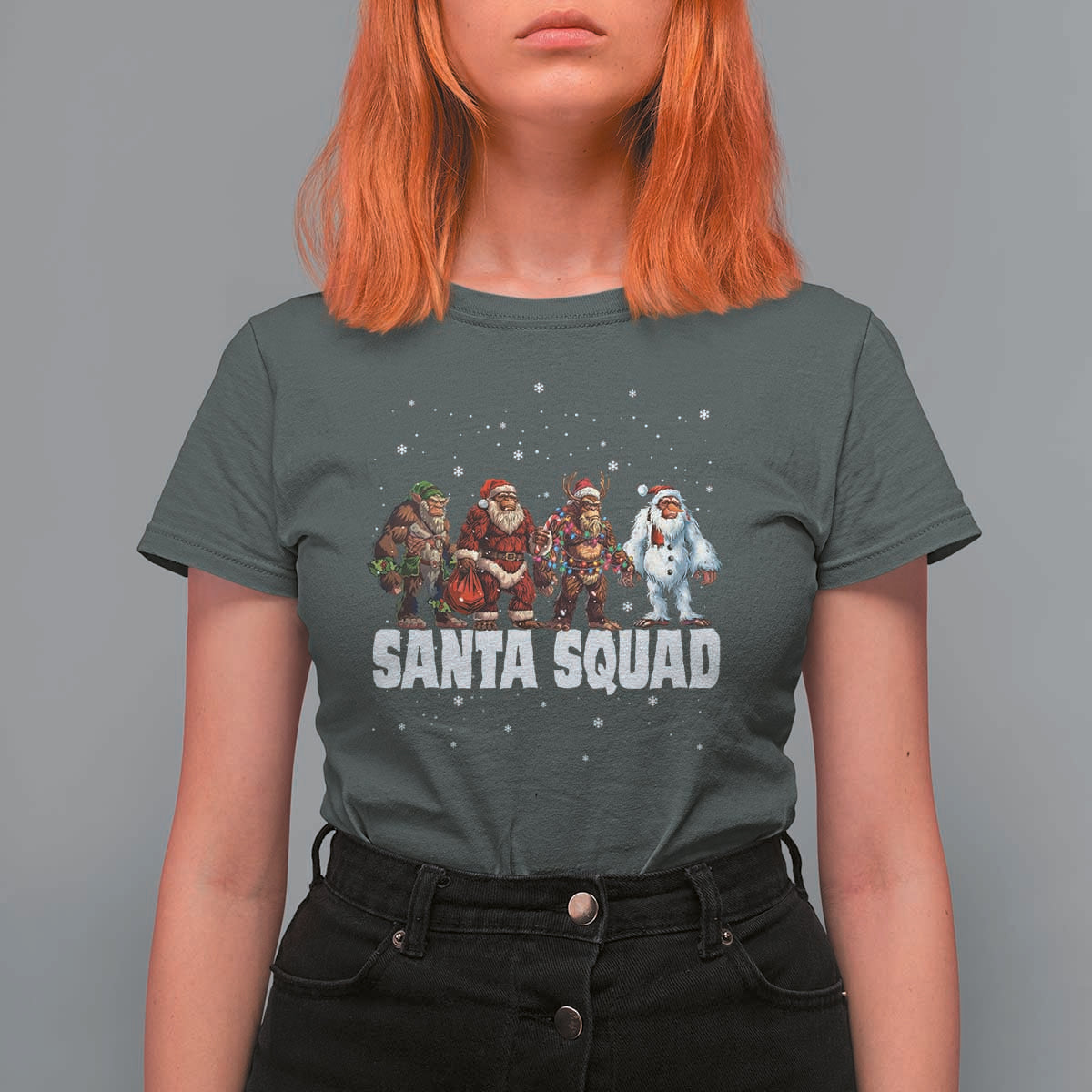 Funny Christmas Bigfoot T Shirt For Women Santa Squad Sasquatch Cosplay Elf Santa Snowman - Wonder Print Shop