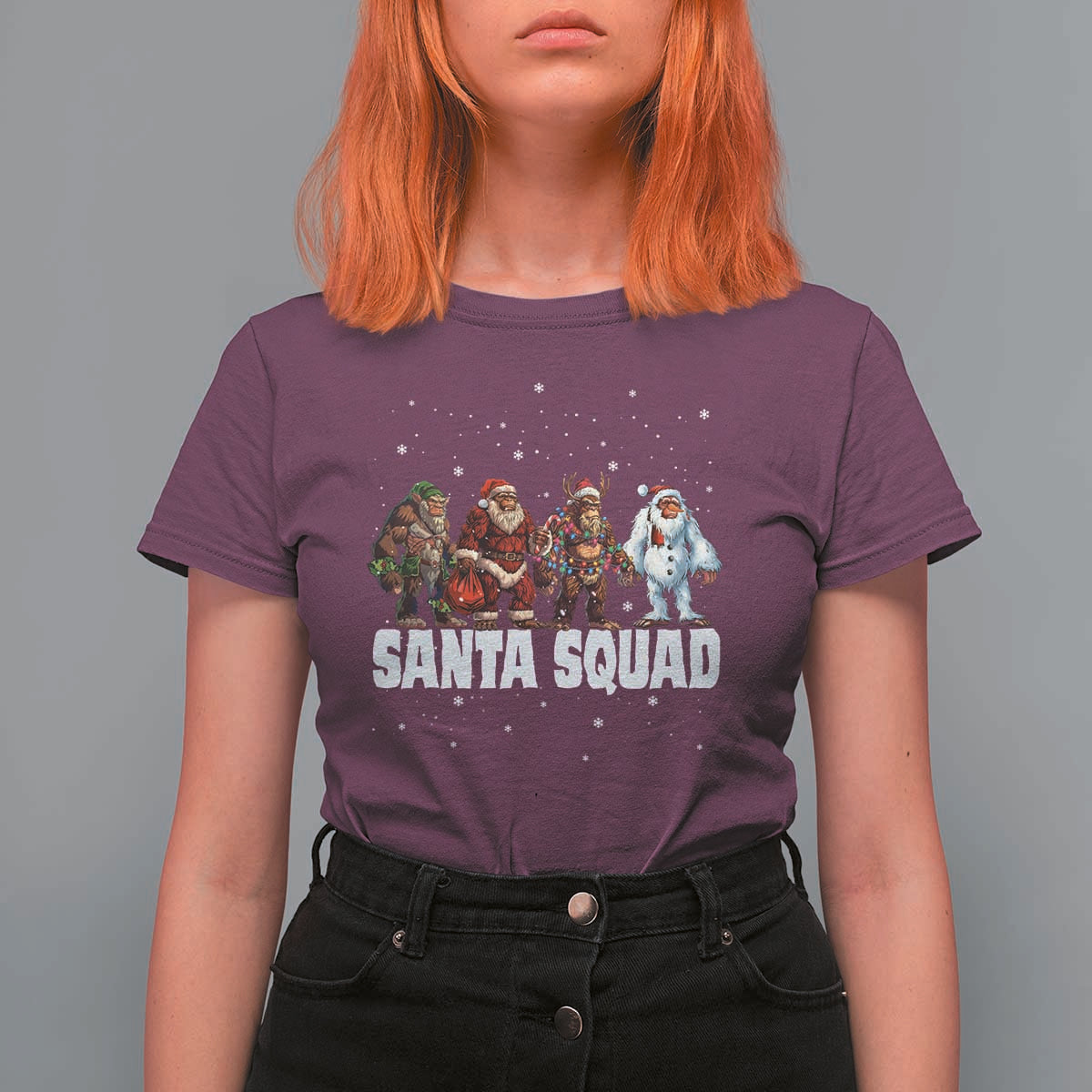 Funny Christmas Bigfoot T Shirt For Women Santa Squad Sasquatch Cosplay Elf Santa Snowman - Wonder Print Shop