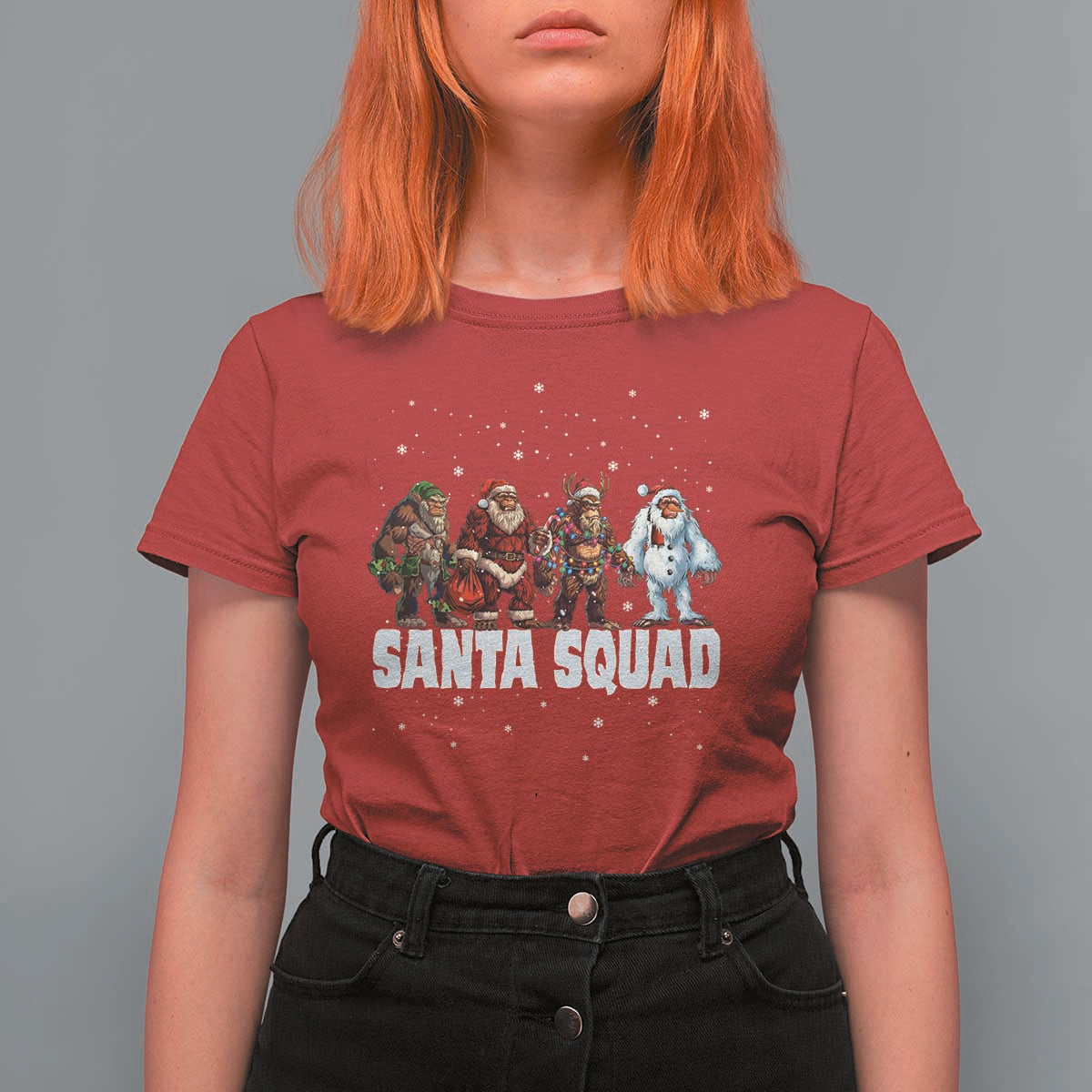 Funny Christmas Bigfoot T Shirt For Women Santa Squad Sasquatch Cosplay Elf Santa Snowman - Wonder Print Shop