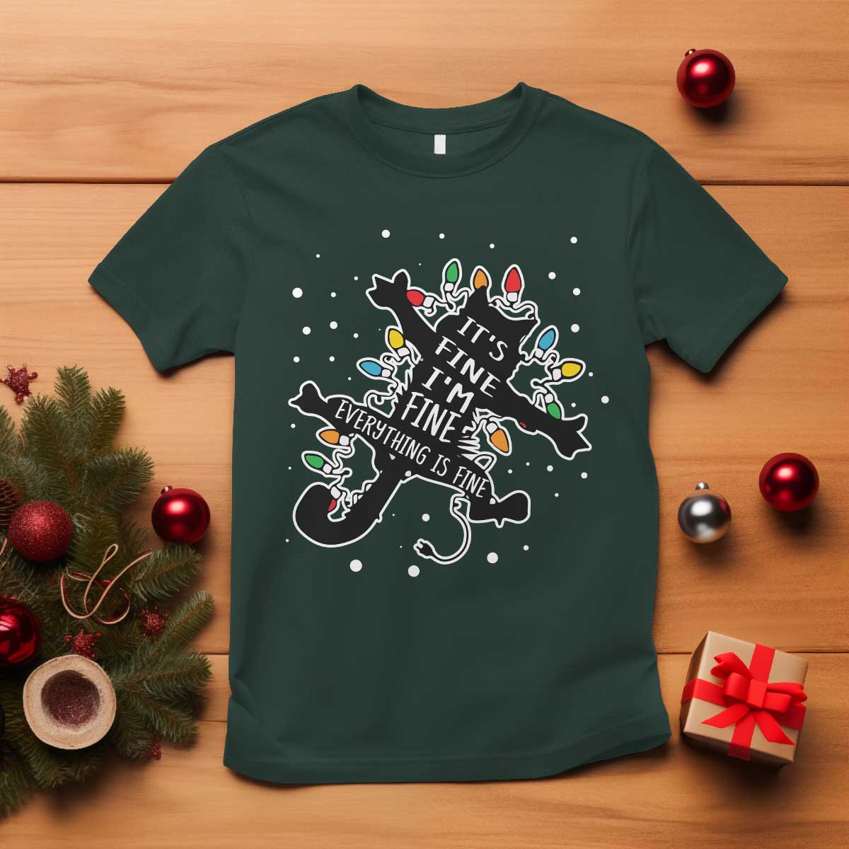 Funny Christmas It's Fine I'm Fine Everything Is Fine T Shirt Black Cat - Wonder Print Shop